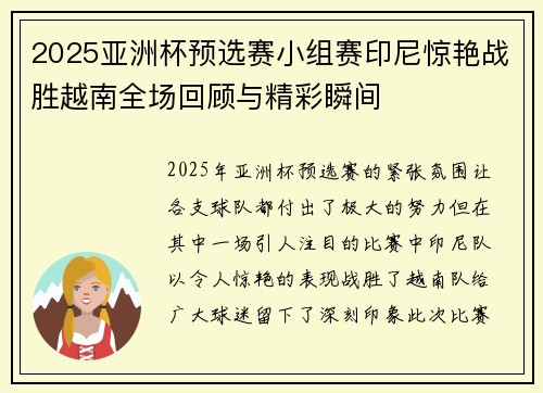 2025亚洲杯预选赛小组赛印尼惊艳战胜越南全场回顾与精彩瞬间 2025亚洲杯预选赛小组赛印尼惊艳战胜越南全场回顾与精彩瞬间